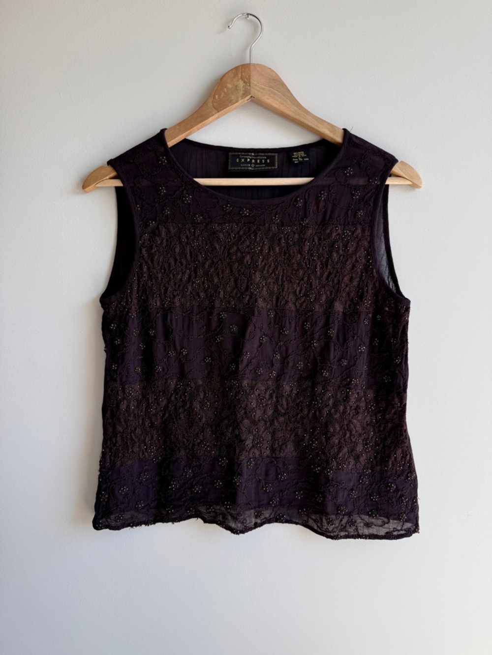 Vintage 90s Beaded Brown Floral Lace Sleeveless Top